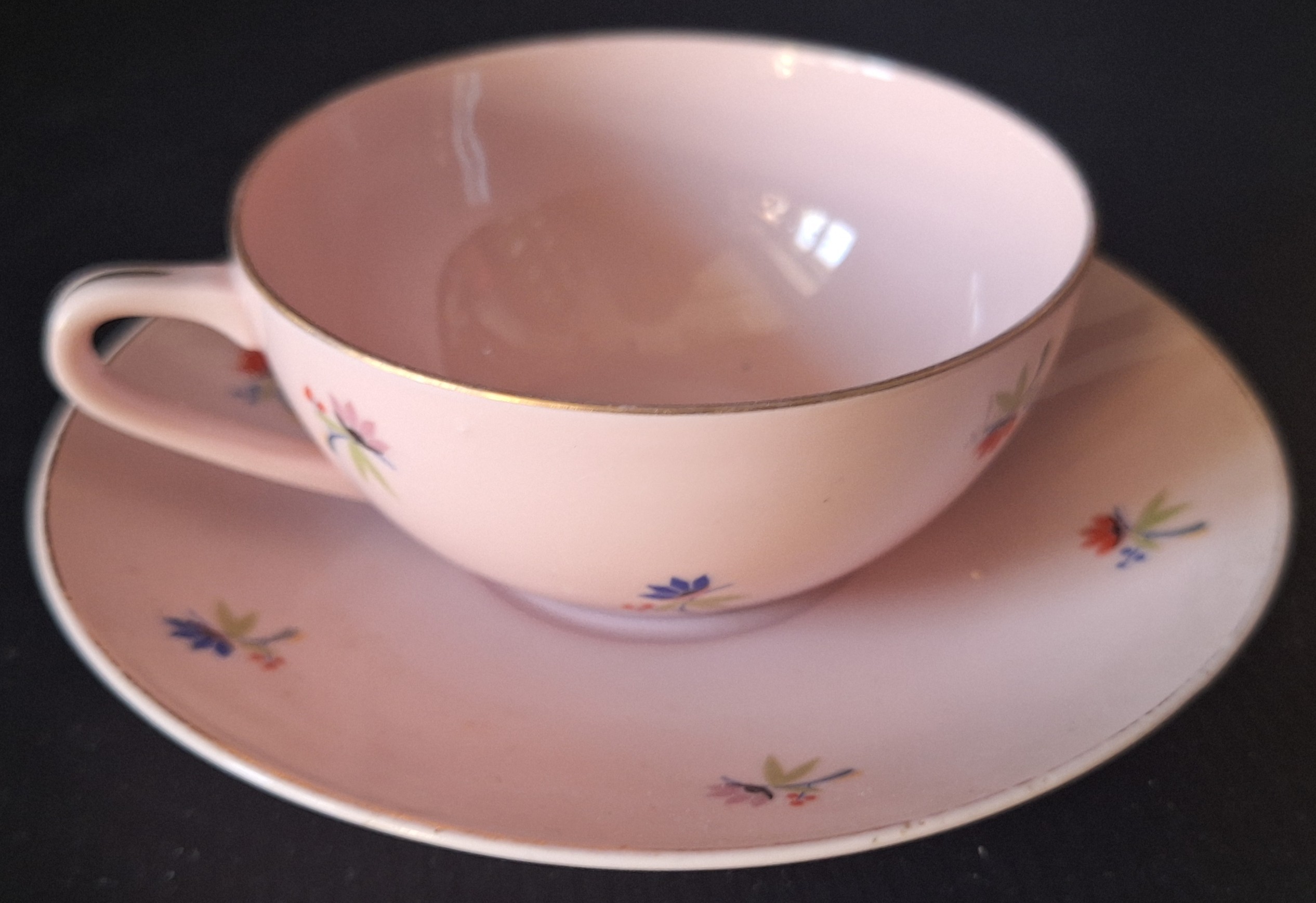 Šálek s podšálkem Růžový porcelán Horní Slavkov - Hájek Vinohrady - (výška 6cm, Ø podšálku 15cm, Ø šálku 9,5cm)